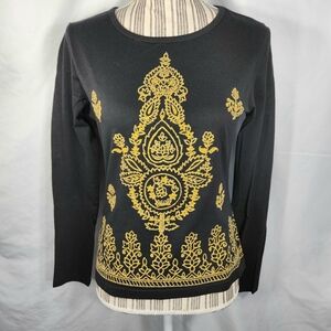 J Raani New York Black Cotton Long Sleeve Top w/Gold Beaded Front Size Small